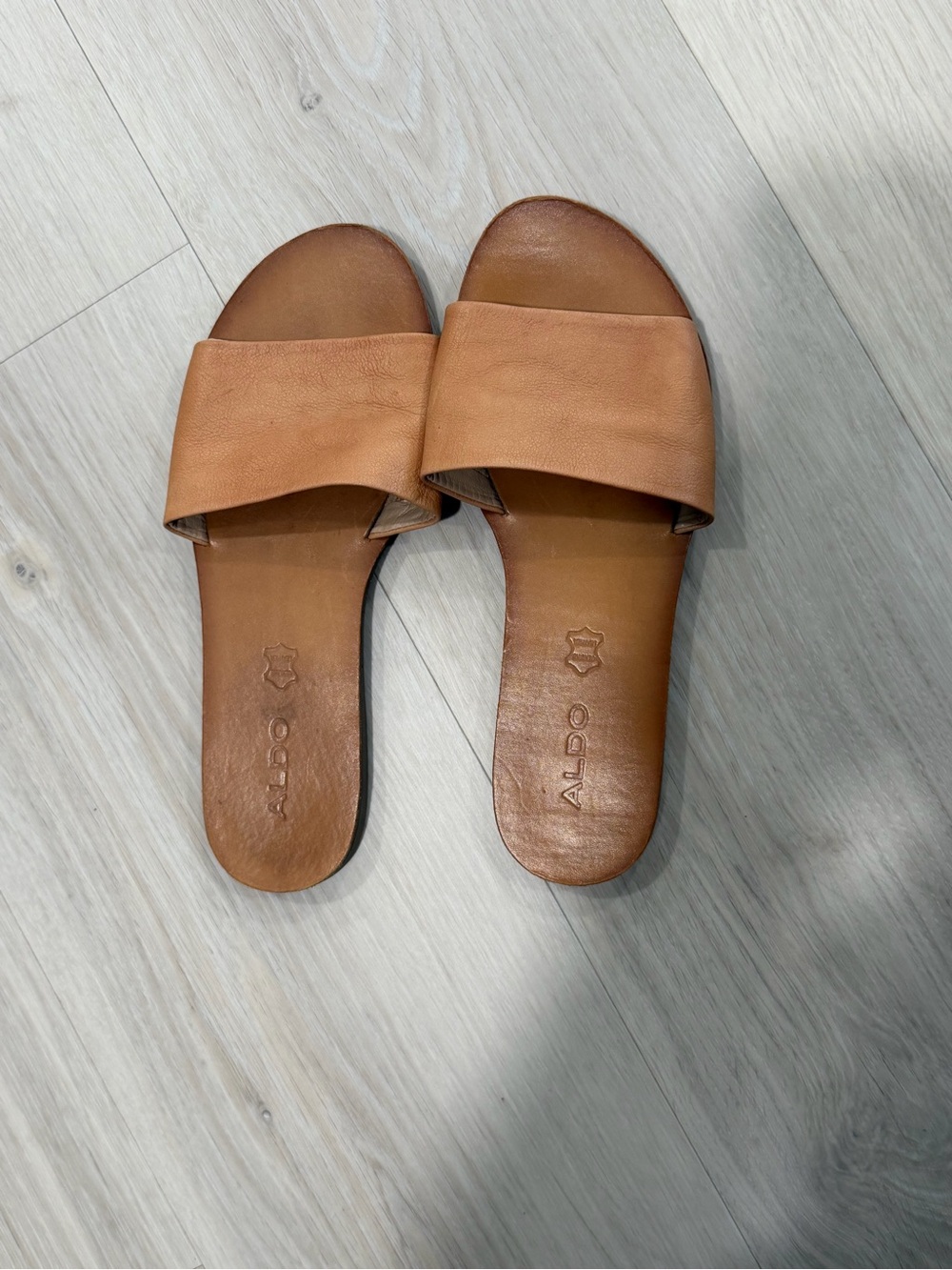 ALDO Tan Leather Wide Band Slide Sandals
